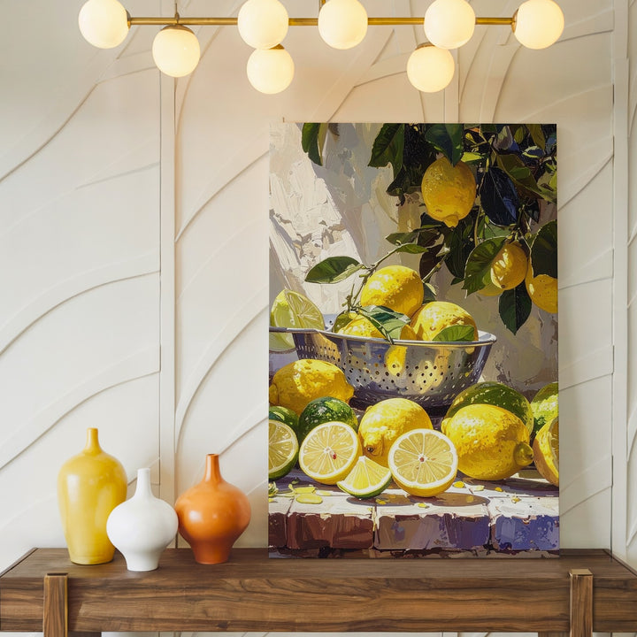 Mediterranean Lemon and Lime Still Life Canvas – Hyper-Realistic Painting with Strainer - Gifitto