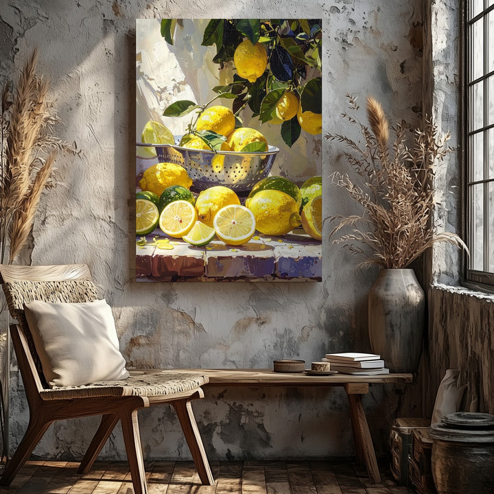 Mediterranean Lemon and Lime Still Life Canvas – Hyper-Realistic Painting with Strainer - Gifitto