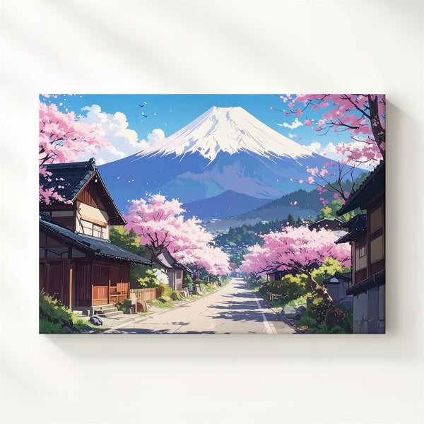 Mount Fuji Village Street Canvas – Cherry Blossom Spring Scene in Japan - Gifitto