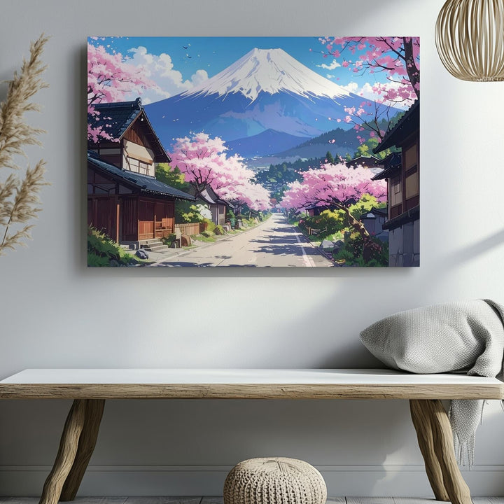 Mount Fuji Village Street Canvas – Cherry Blossom Spring Scene in Japan - Gifitto