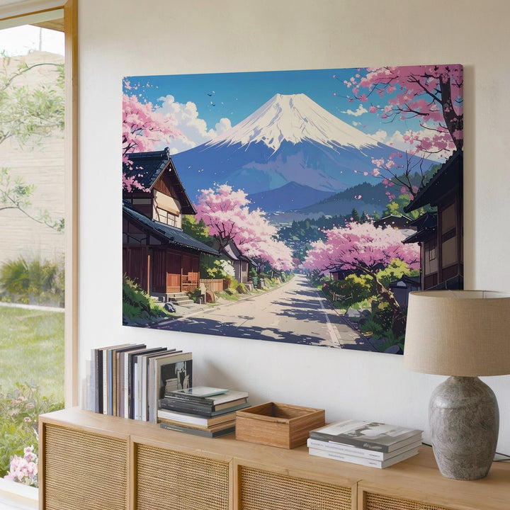 Mount Fuji Village Street Canvas – Cherry Blossom Spring Scene in Japan - Gifitto