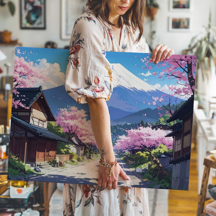 Mount Fuji Village Street Canvas – Cherry Blossom Spring Scene in Japan - Gifitto