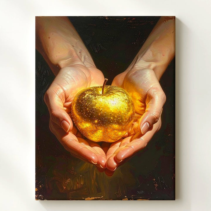 Golden Apple Still Life Canvas – Dramatic Hands Cradling Radiant Fruit - Gifitto
