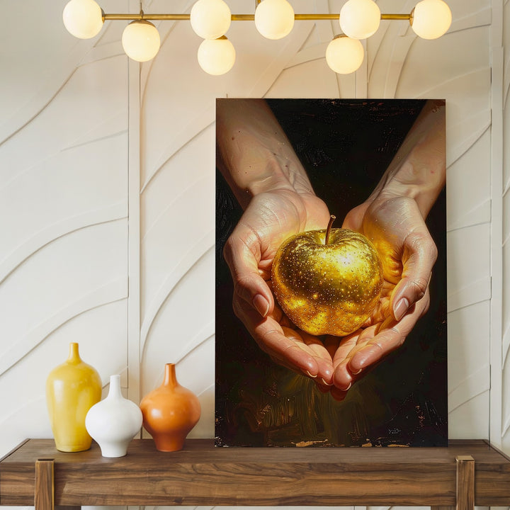 Golden Apple Still Life Canvas – Dramatic Hands Cradling Radiant Fruit - Gifitto