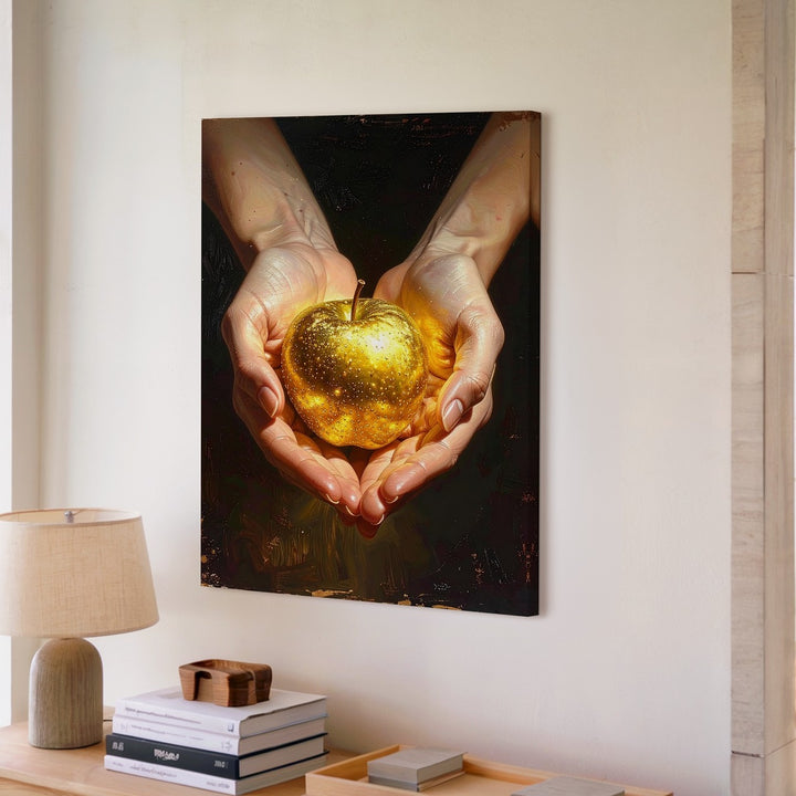 Golden Apple Still Life Canvas – Dramatic Hands Cradling Radiant Fruit - Gifitto