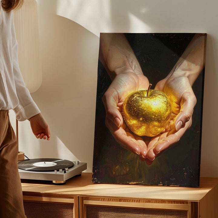 Golden Apple Still Life Canvas – Dramatic Hands Cradling Radiant Fruit - Gifitto