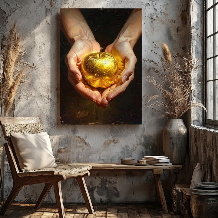 Golden Apple Still Life Canvas – Dramatic Hands Cradling Radiant Fruit - Gifitto