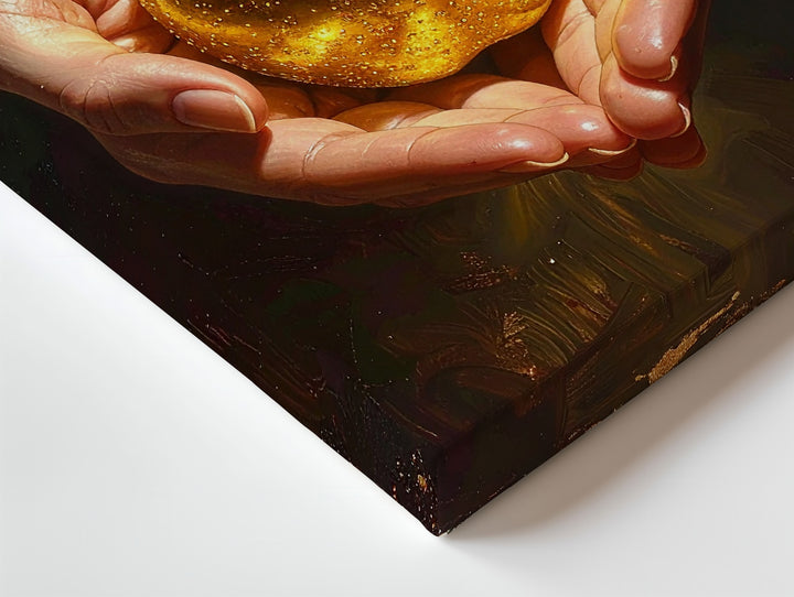 Golden Apple Still Life Canvas – Dramatic Hands Cradling Radiant Fruit - Gifitto
