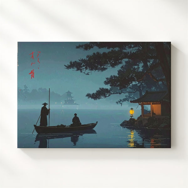 Misty Lake Boat Journey Canvas – Nocturnal Japanese Woodblock-Style Art - Gifitto