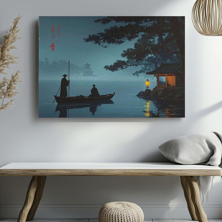 Misty Lake Boat Journey Canvas – Nocturnal Japanese Woodblock-Style Art - Gifitto
