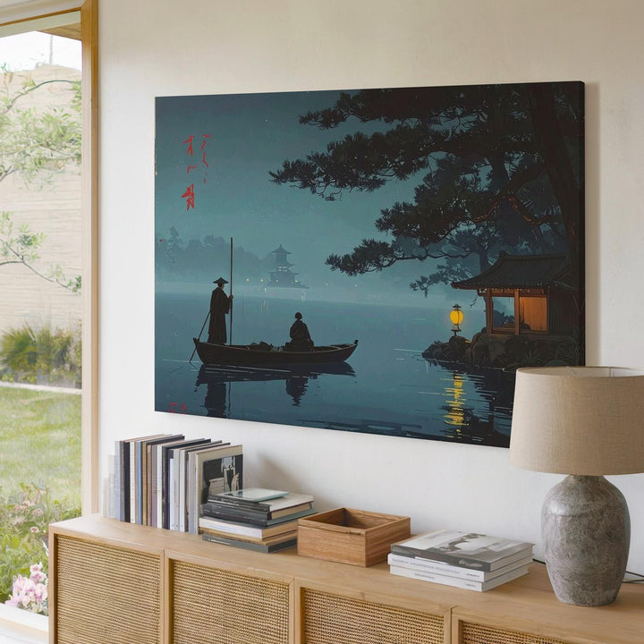 Misty Lake Boat Journey Canvas – Nocturnal Japanese Woodblock-Style Art - Gifitto
