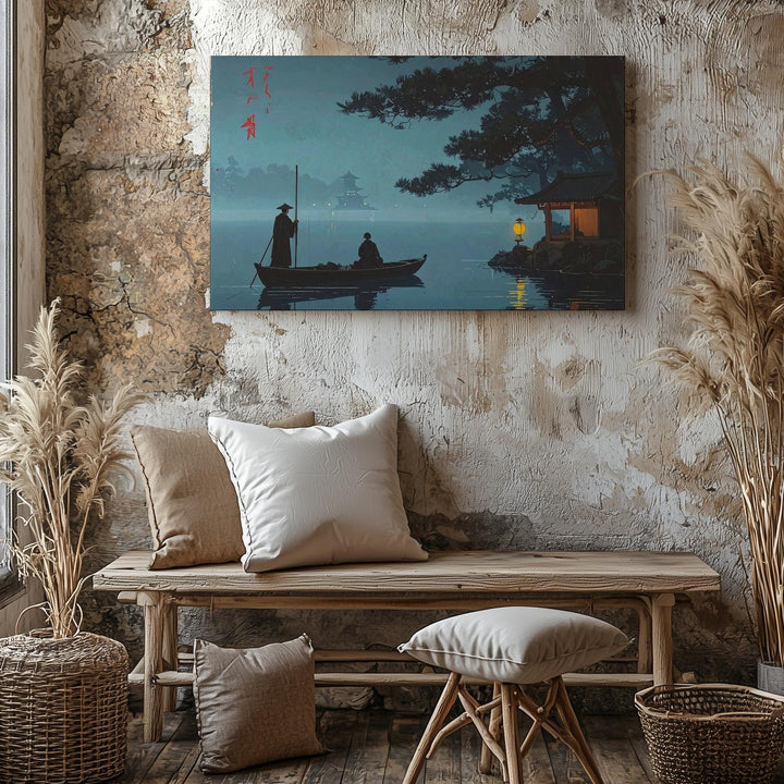 Misty Lake Boat Journey Canvas – Nocturnal Japanese Woodblock-Style Art - Gifitto