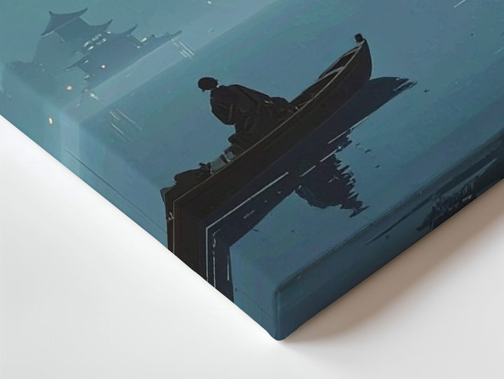Misty Lake Boat Journey Canvas – Nocturnal Japanese Woodblock-Style Art - Gifitto