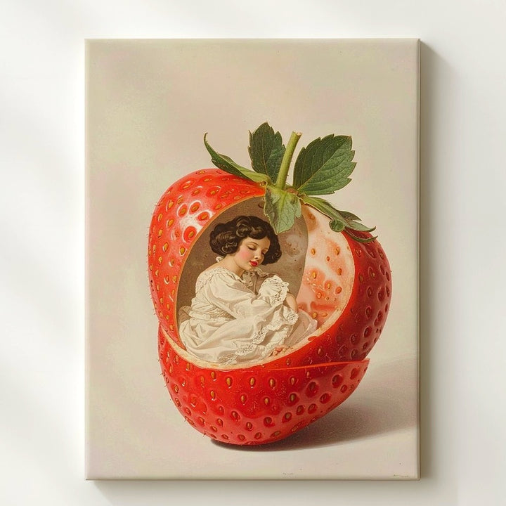 Whimsical Strawberry Fairy Canvas – Surreal Illustration with Miniature Woman - Gifitto