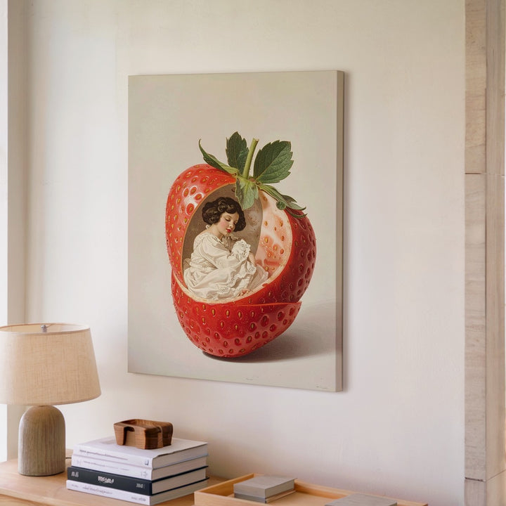 Whimsical Strawberry Fairy Canvas – Surreal Illustration with Miniature Woman - Gifitto