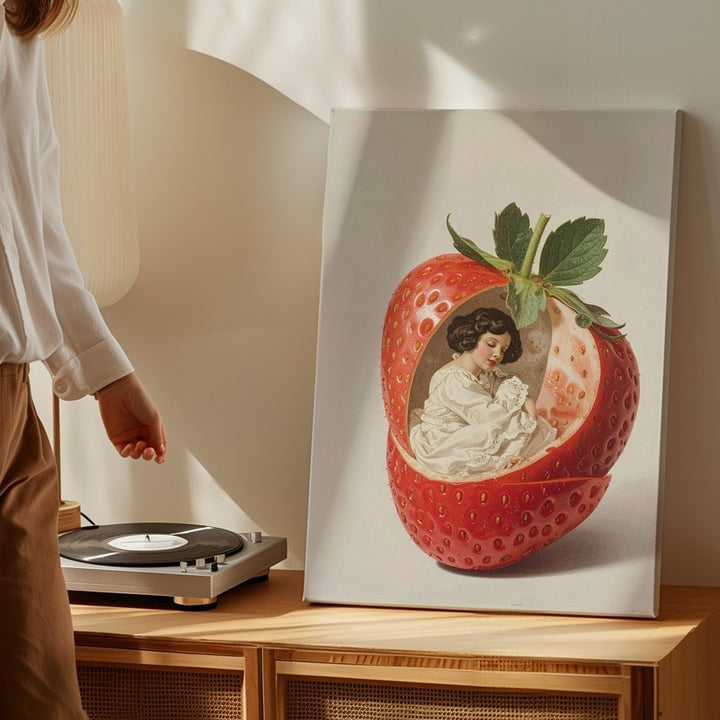 Whimsical Strawberry Fairy Canvas – Surreal Illustration with Miniature Woman - Gifitto