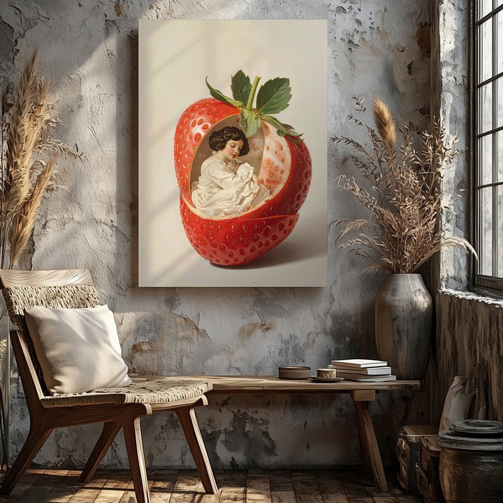 Whimsical Strawberry Fairy Canvas – Surreal Illustration with Miniature Woman - Gifitto