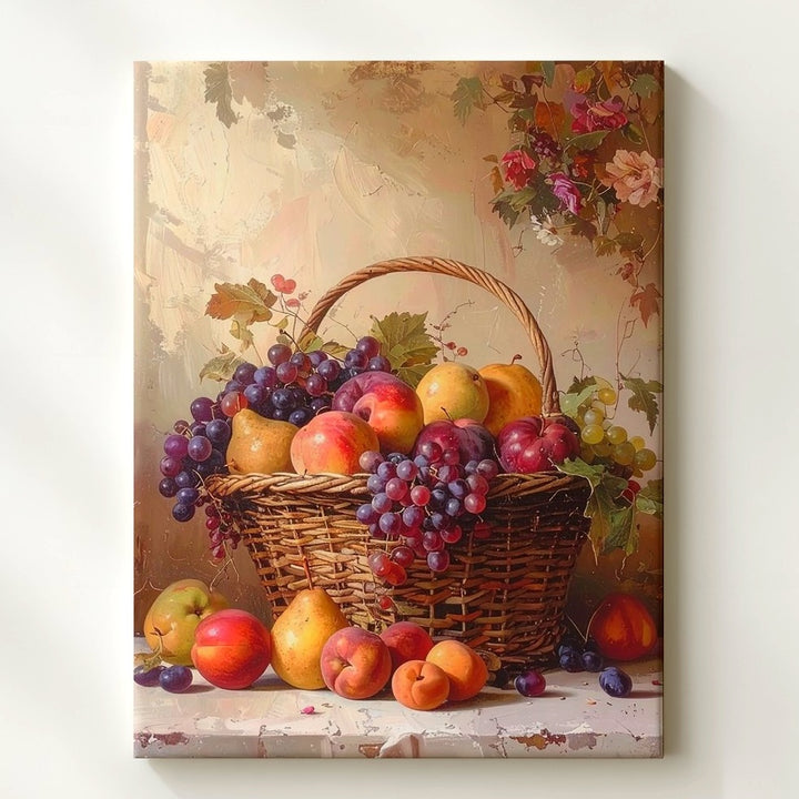 Classical Fruit Basket Still Life Canvas – Rustic Display with Apples, Grapes & Peaches - Gifitto