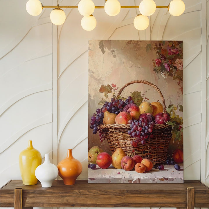 Classical Fruit Basket Still Life Canvas – Rustic Display with Apples, Grapes & Peaches - Gifitto