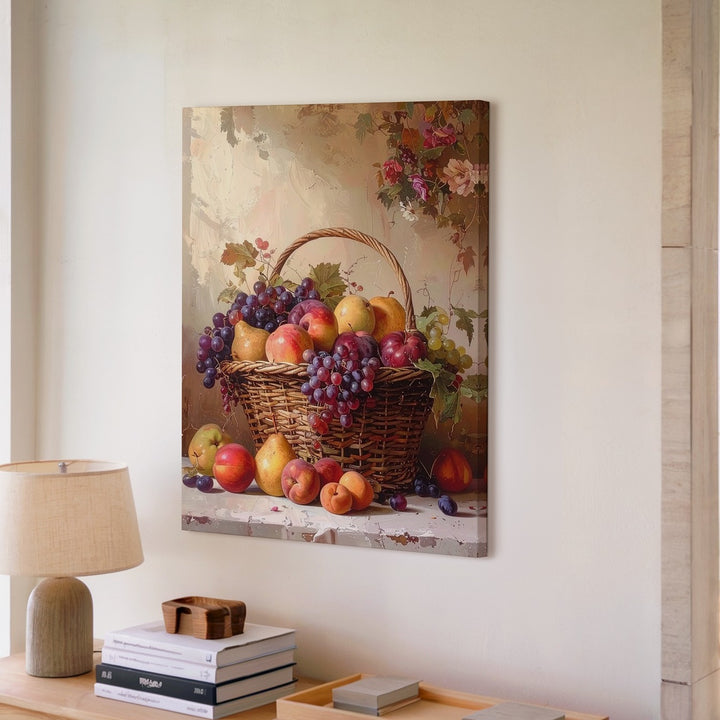 Classical Fruit Basket Still Life Canvas – Rustic Display with Apples, Grapes & Peaches - Gifitto