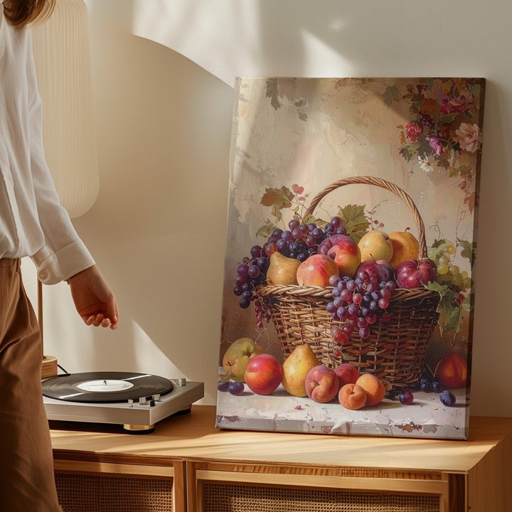 Classical Fruit Basket Still Life Canvas – Rustic Display with Apples, Grapes & Peaches - Gifitto