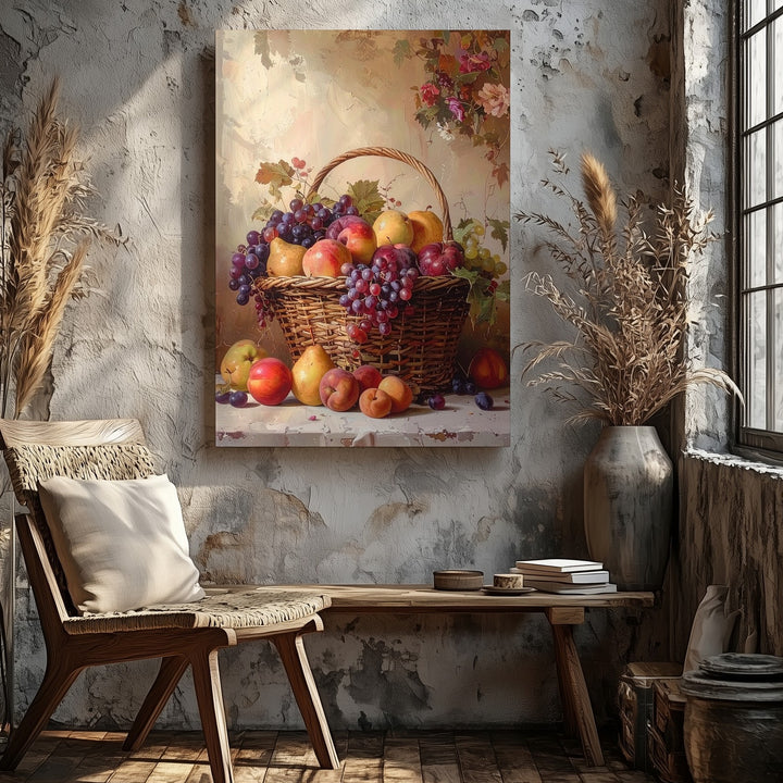 Classical Fruit Basket Still Life Canvas – Rustic Display with Apples, Grapes & Peaches - Gifitto