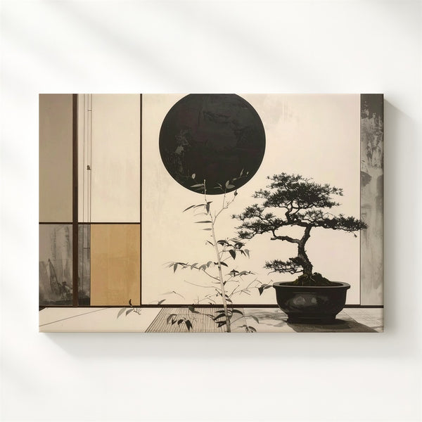 Zen Bonsai & Black Sun Canvas – Minimalist Japanese Ink Balance Art - Gifitto