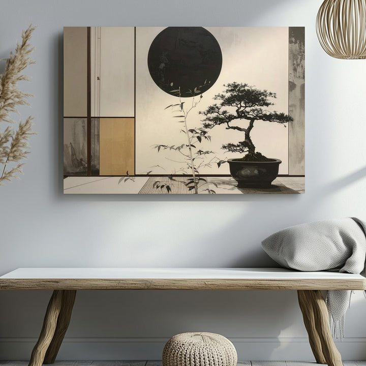 Zen Bonsai & Black Sun Canvas – Minimalist Japanese Ink Balance Art - Gifitto