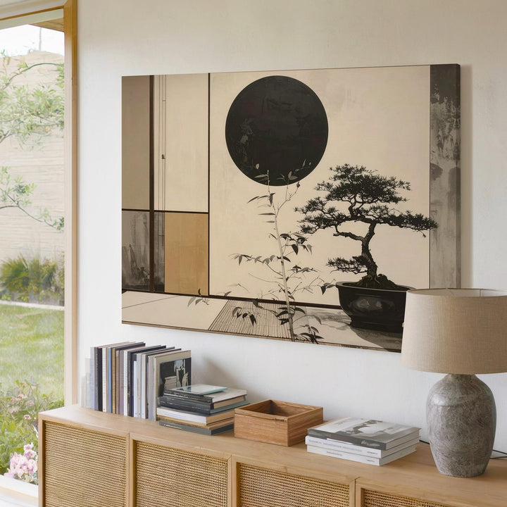 Zen Bonsai & Black Sun Canvas – Minimalist Japanese Ink Balance Art - Gifitto