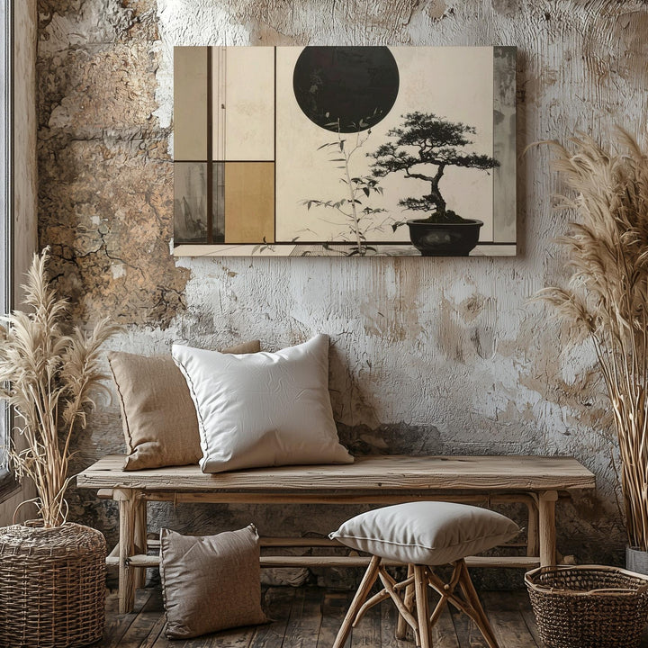 Zen Bonsai & Black Sun Canvas – Minimalist Japanese Ink Balance Art - Gifitto