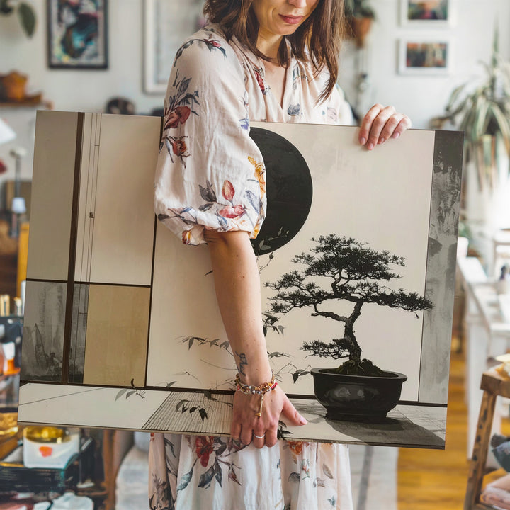 Zen Bonsai & Black Sun Canvas – Minimalist Japanese Ink Balance Art - Gifitto