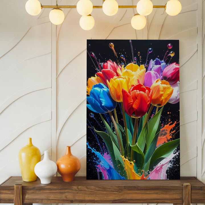 Vibrant Tulip Explosion Canvas – Modern Digital Painting with Liquid Color Effects - Gifitto