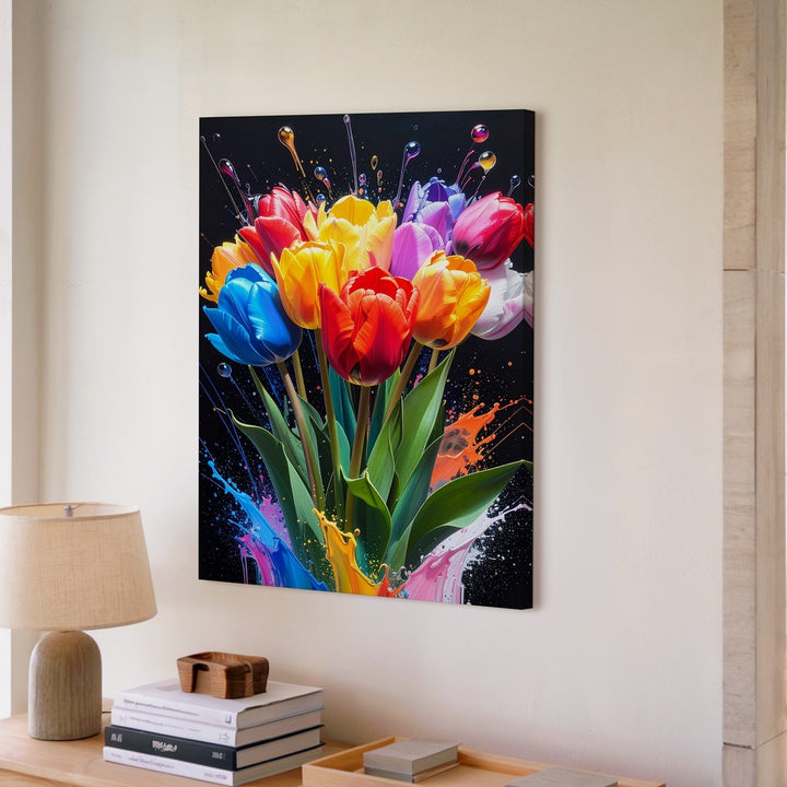 Vibrant Tulip Explosion Canvas – Modern Digital Painting with Liquid Color Effects - Gifitto