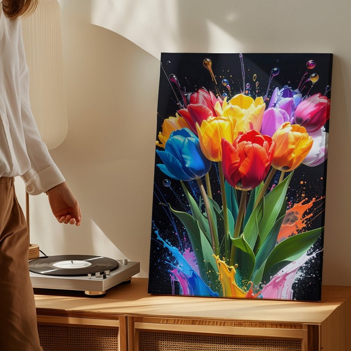 Vibrant Tulip Explosion Canvas – Modern Digital Painting with Liquid Color Effects - Gifitto