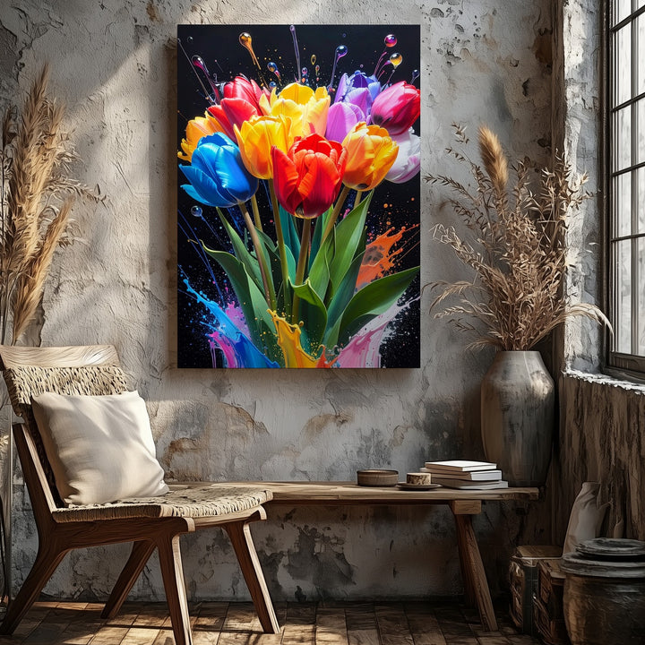 Vibrant Tulip Explosion Canvas – Modern Digital Painting with Liquid Color Effects - Gifitto