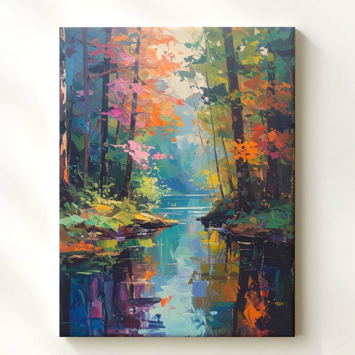Abstract Forest Reflection Canvas – Impressionist Painting with Autumn & Spring Tones - Gifitto