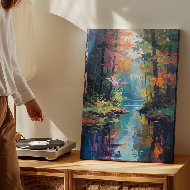 Abstract Forest Reflection Canvas – Impressionist Painting with Autumn & Spring Tones - Gifitto