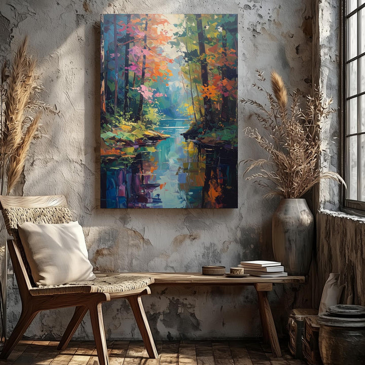 Abstract Forest Reflection Canvas – Impressionist Painting with Autumn & Spring Tones - Gifitto