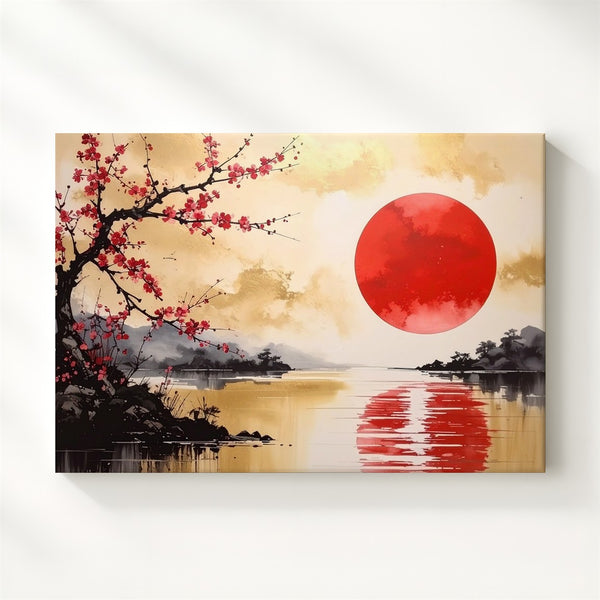 Red Sun & Sakura Canvas – Japanese Watercolor with Golden Reflection - Gifitto