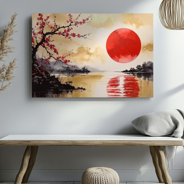 Red Sun & Sakura Canvas – Japanese Watercolor with Golden Reflection - Gifitto