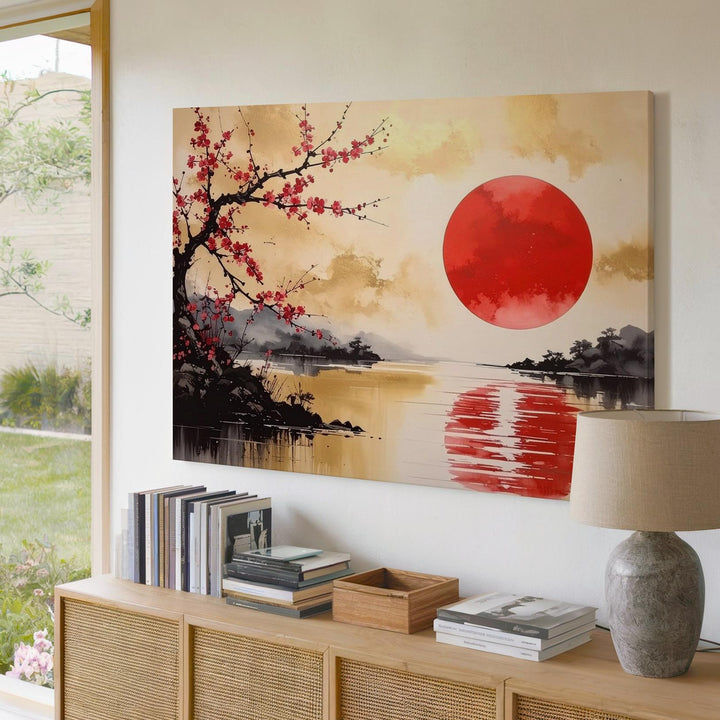Red Sun & Sakura Canvas – Japanese Watercolor with Golden Reflection - Gifitto