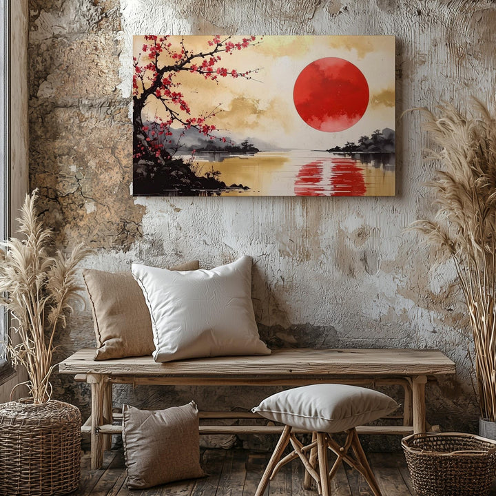 Red Sun & Sakura Canvas – Japanese Watercolor with Golden Reflection - Gifitto