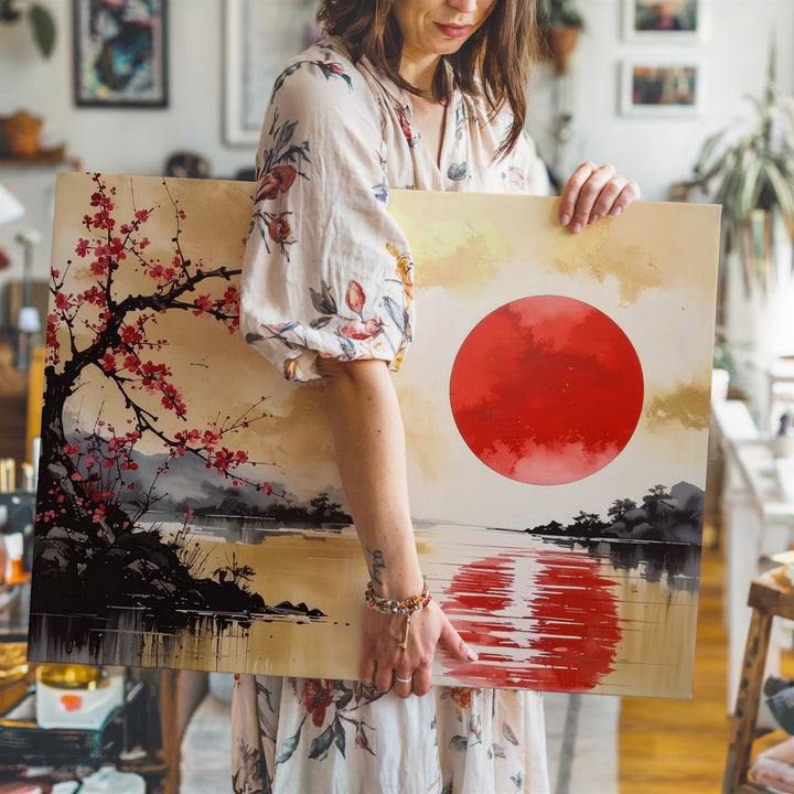 Red Sun & Sakura Canvas – Japanese Watercolor with Golden Reflection - Gifitto