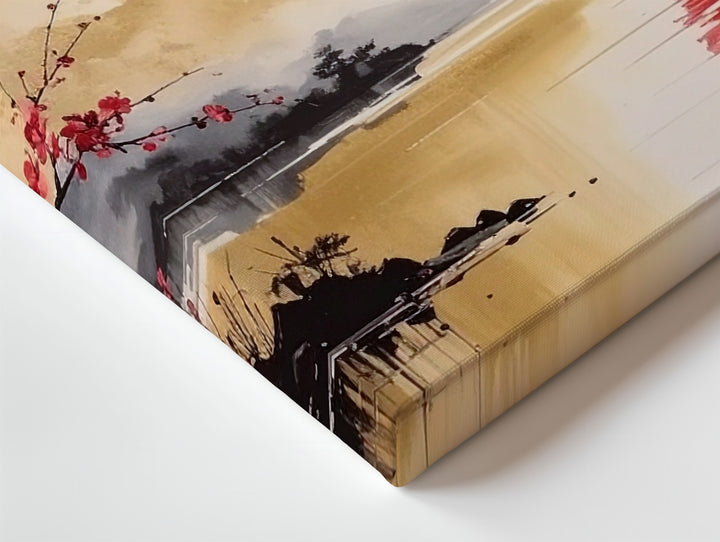 Red Sun & Sakura Canvas – Japanese Watercolor with Golden Reflection - Gifitto