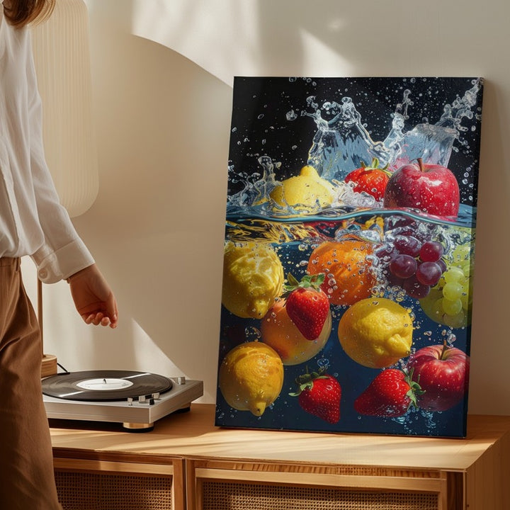 Underwater Fruit Splash Canvas – High-Speed Photography of Lemons, Berries, and Apple - Gifitto