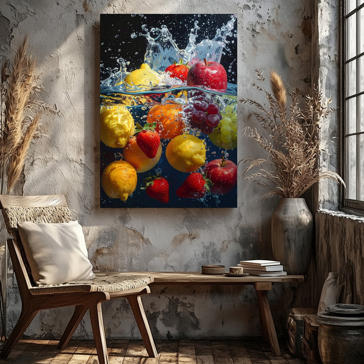 Underwater Fruit Splash Canvas – High-Speed Photography of Lemons, Berries, and Apple - Gifitto