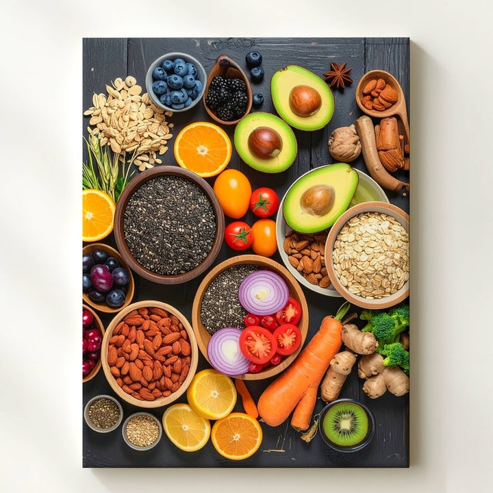 Wholesome Food Flat-Lay Canvas – Vibrant Fruits, Vegetables, and Grains on Dark Wood - Gifitto