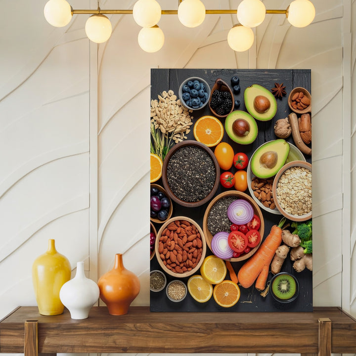 Wholesome Food Flat-Lay Canvas – Vibrant Fruits, Vegetables, and Grains on Dark Wood - Gifitto