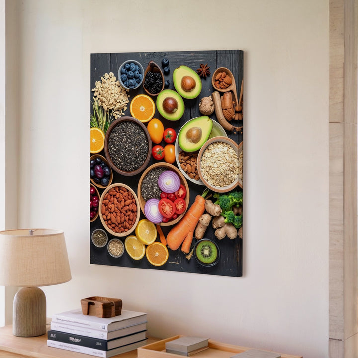 Wholesome Food Flat-Lay Canvas – Vibrant Fruits, Vegetables, and Grains on Dark Wood - Gifitto