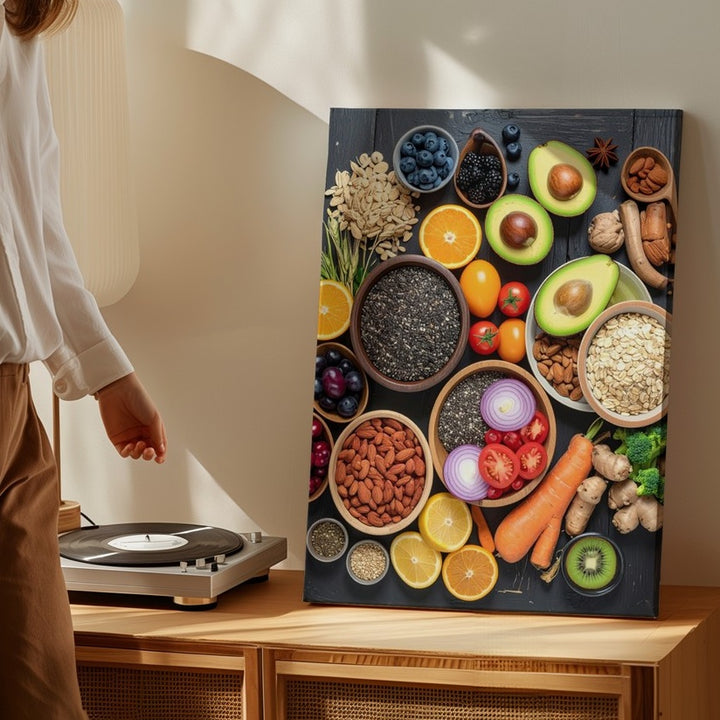 Wholesome Food Flat-Lay Canvas – Vibrant Fruits, Vegetables, and Grains on Dark Wood - Gifitto